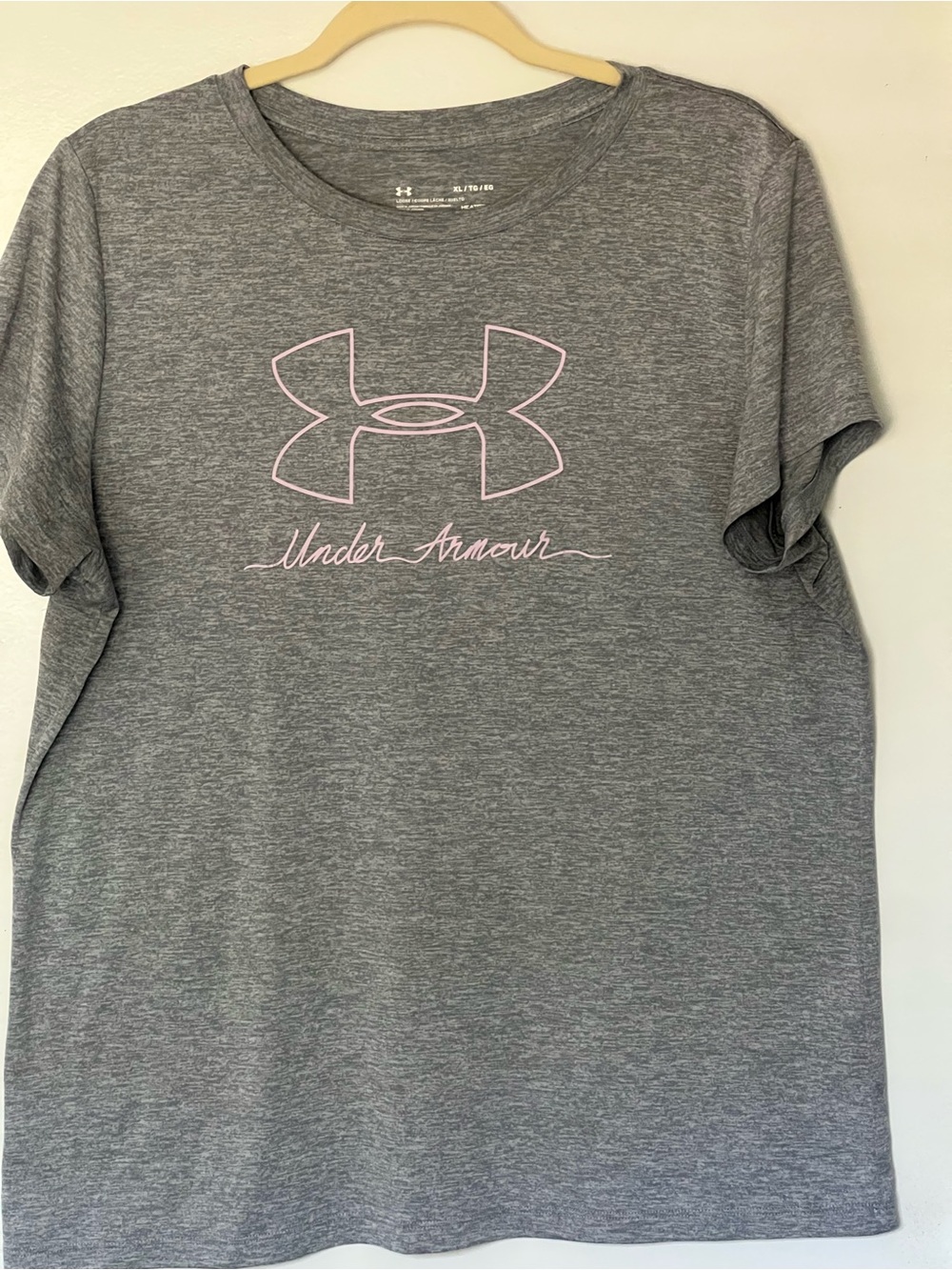 Under Armour Women's Heather Gray Short Sleeve Tee with Light Pink Logo
